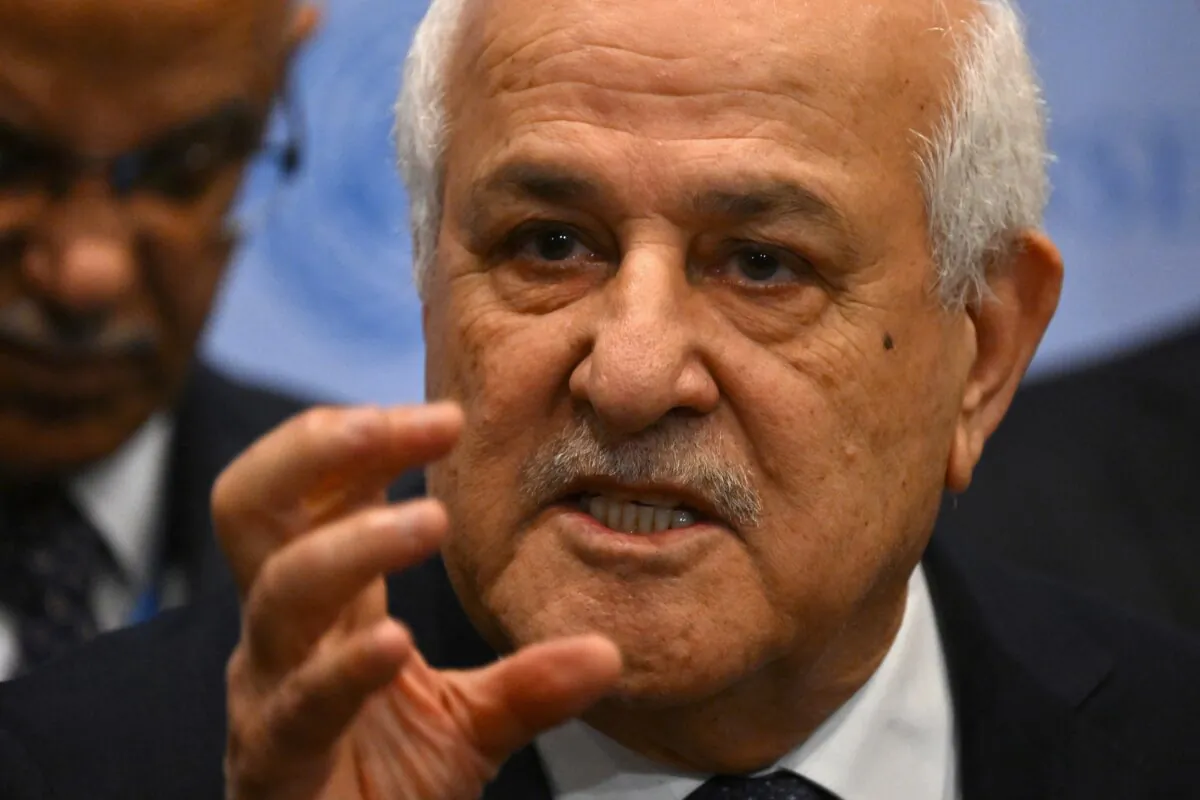 Palestinian Ambassador to the United Nations Riyad Mansour speaks to the press after a U.N. General Assembly meeting to vote on a non-binding resolution demanding "an immediate humanitarian ceasefire" in Gaza at U.N. headquarters in New York on Dec. 12, 2023. (Angela Weiss/AFP via Getty Images)
