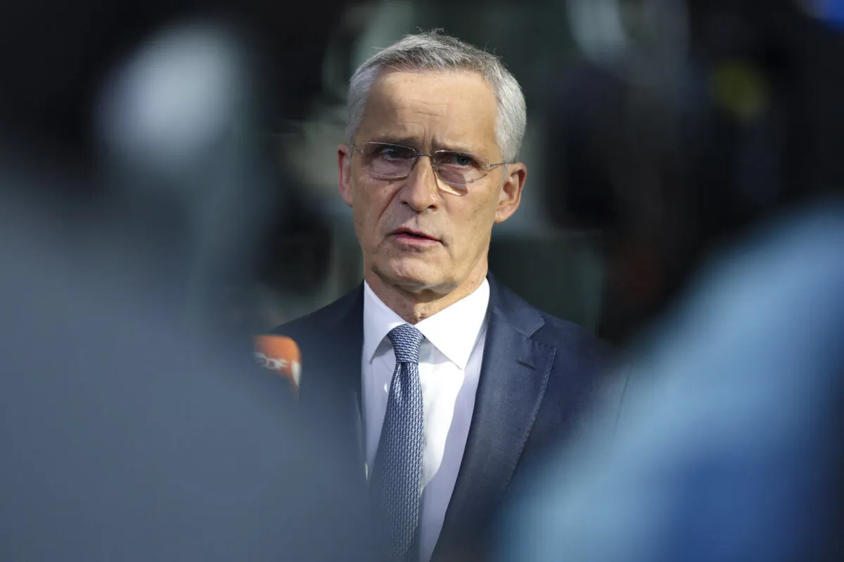 NATO Secretary General Jens Stoltenberg delivers remarks to journalists as he arrives at the NATO headquarters in Brussels, on June 15, 2023 during a two-day meeting of the North Atlantic Council (NAC) at the level of Defence Ministers on 15-16 June 2023. (Photo by SIMON WOHLFAHRT / AFP) (Photo by SIMON WOHLFAHRT/AFP via Getty Images)
