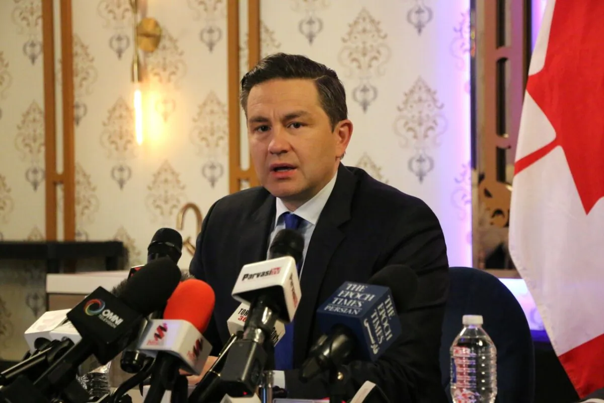 Conservative Leader Pierre Poilievre speaks to reporters during a press conference in Brampton, Ont., on Feb. 5, 2024. (Andrew Chen/The Epoch Times)