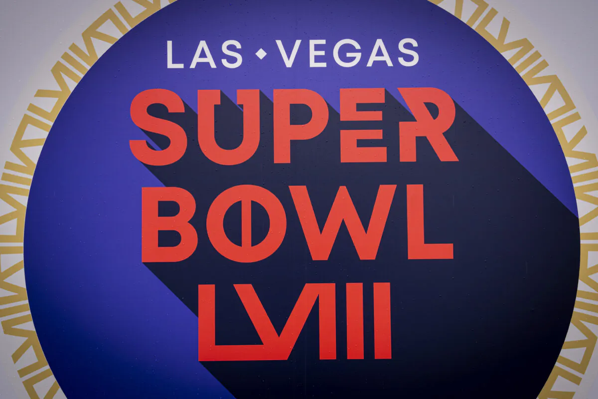 A Super Bowl LVIII banner in Las Vegas, Nev., on Feb. 5, 2024. (Madalina Vasiliu/The Epoch Times)