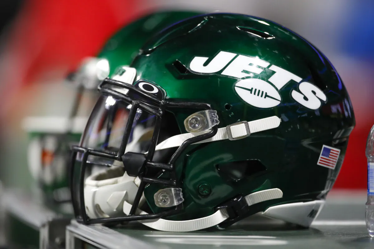 A New York Jets helmet sits on an equipment case during the second half of an NFL preseason game against the Atlanta Falcons at Mercedes-Benz Stadium in Atlanta on Aug. 15, 2019. (Todd Kirkland/Getty Images)