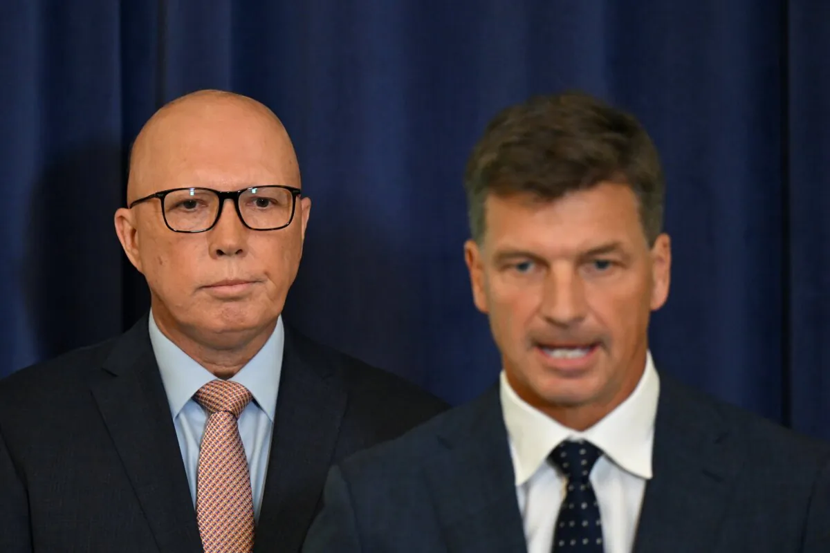 Australian Opposition Leader Peter Dutton and Shadow Treasurer Angus Taylor speak during a press conference at Parliament House in Canberra, Australia on Feb. 6, 2024. (AAP Image/Lukas Coch ) 