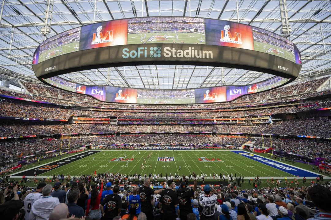 A general view of the interior of SoFi Stadium during the Super Bowl 56 football game between the Los Angeles Rams and the Cincinnati Bengals in Inglewood, Calif., on Feb. 13, 2022. (Kyusung Gong/AP Photo)