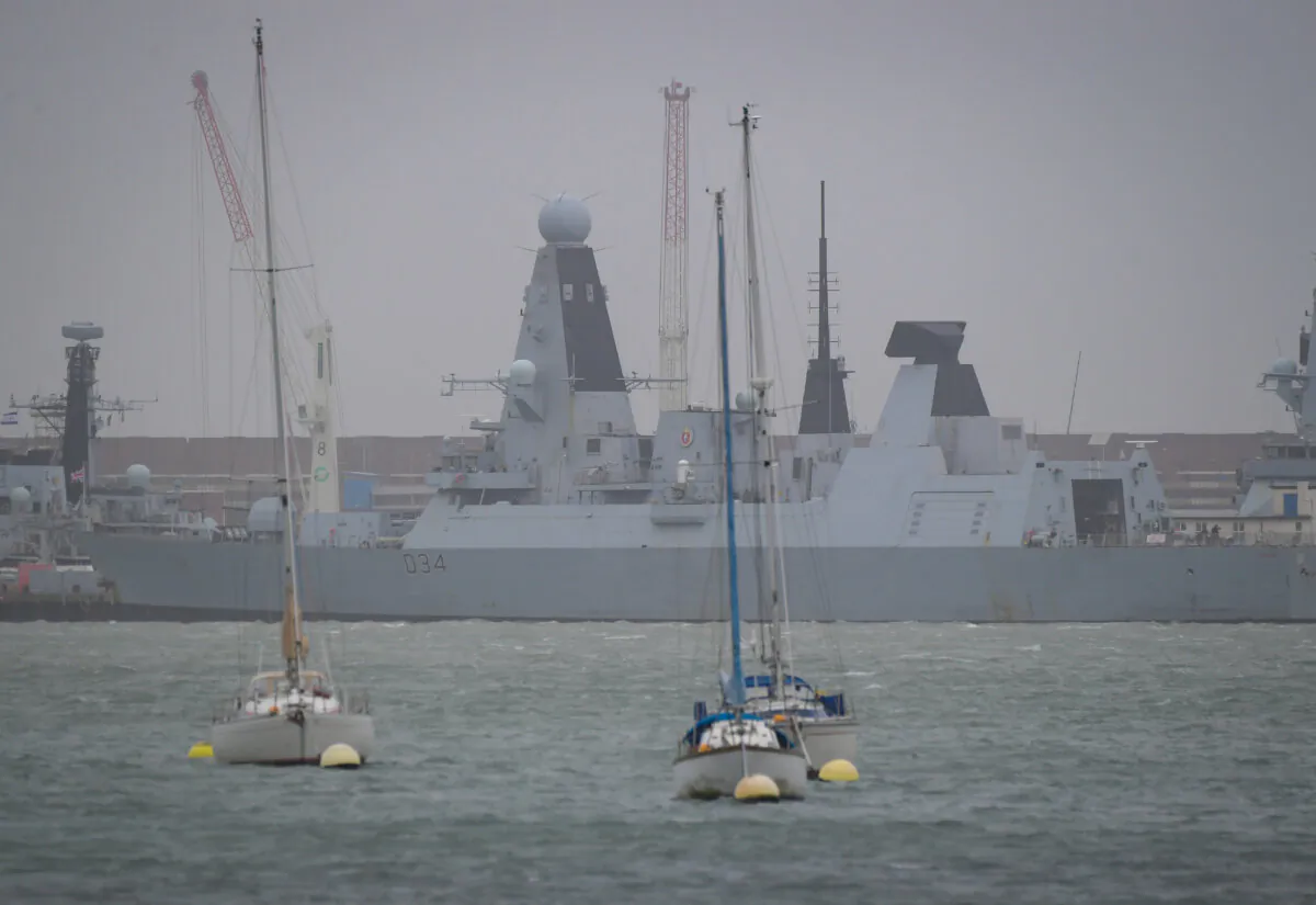 HMS Diamond, a Type 45 destroyer, is seen in Portsmouth Naval Base before departing tomorrow for the Black Sea, in Portsmouth, England, on Feb. 16, 2022. (Finnbarr Webster/Getty Images)