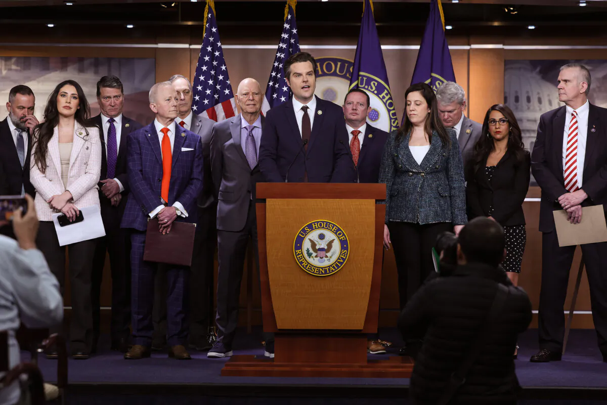 Rep. Matt Gaetz (R-Fla.), joined by fellow Republicans, speaks on former President Donald Trump's involvement with Jan. 6 during a press conference at the U.S. Capitol in Washington on Feb. 6, 2024. (Kevin Dietsch/Getty Images)