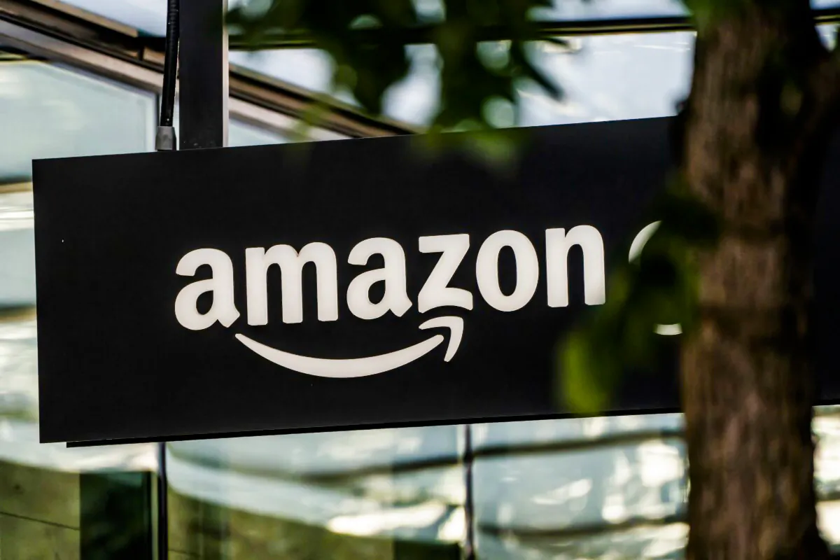 A sign is seen outside of an Amazon Go store at the Amazon.com Inc. headquarters in Seattle on May 20, 2021. (David Ryder/Getty Images)