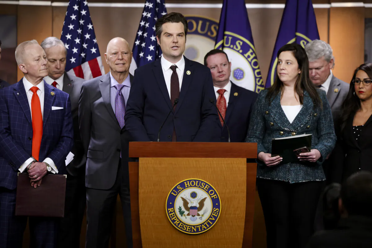 WASHINGTON, DC - FEBRUARY 06: U.S. Rep. Matt Gaetz (R-FL), joined by fellow Republicans, speaks on President Trump's involvement with January 6 during a press conference at the U.S. Capitol on February 06, 2024 in Washington, DC. Gaetz (R-FL) introduced a Sense of Congress resolution stating that former President Trump did not engage in insurrection on January 6, 2021. (Photo by Kevin Dietsch/Getty Images)