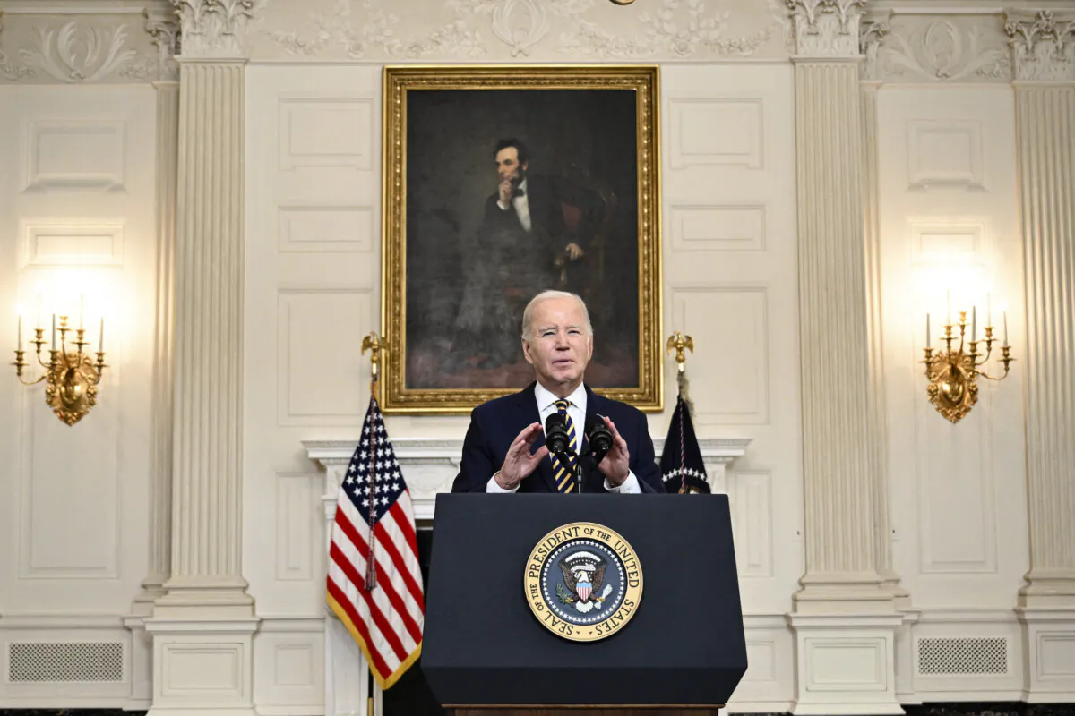 U.S. President Joe Biden speaks in the State Dining Room of the White House in Washington on  Feb. 6, 2024. (Mandel Ngan/AFP/Getty Images)