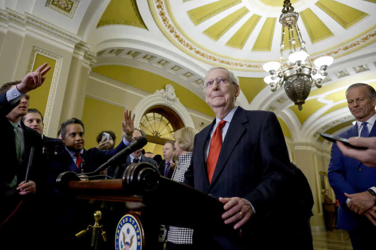 Senate Minority Leader Mitch McConnell (R-Ky.) speaks at a news conference after a weekly policy luncheon with Senate Republicans at the U.S. Capitol Building in Washington on Feb. 6, 2024. (Anna Moneymaker/Getty Images)