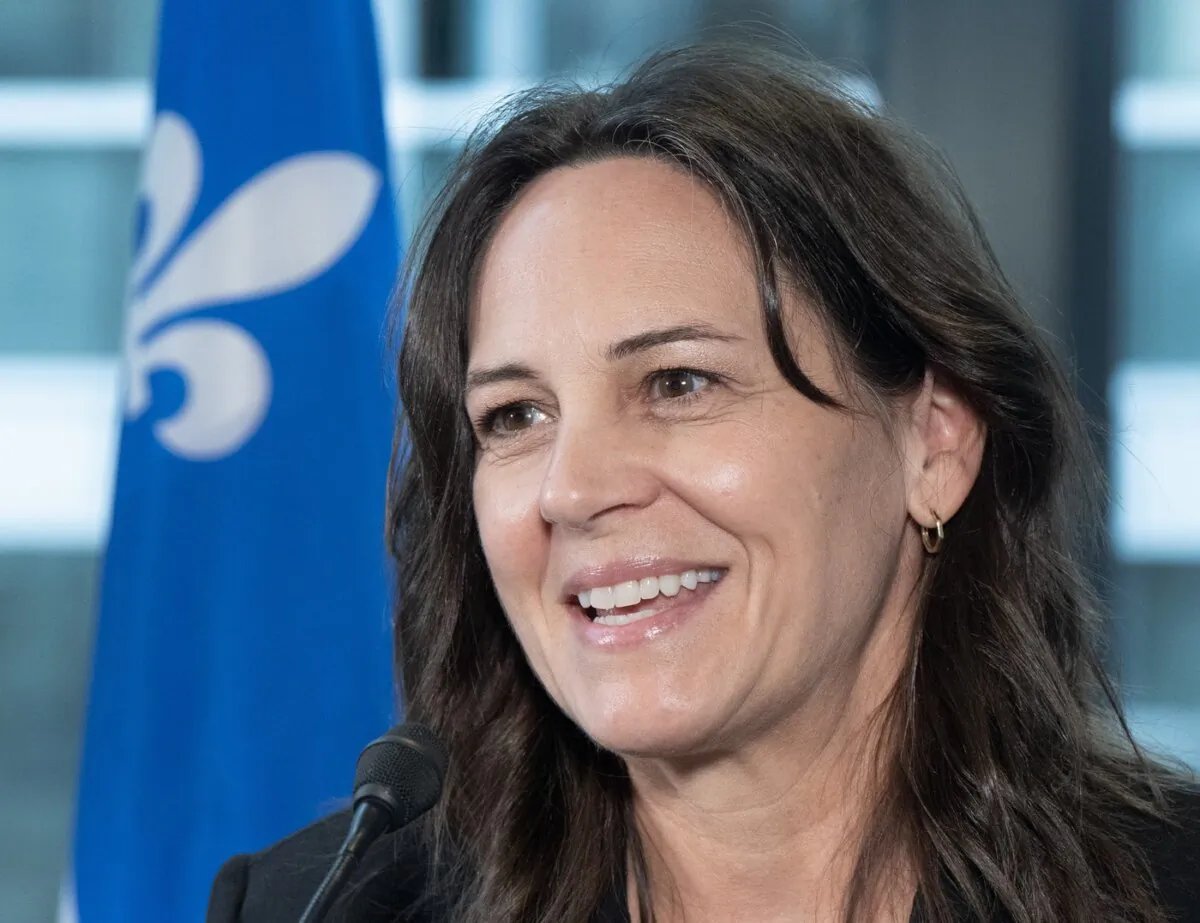 Quebec Sports Minister Isabelle Charest speaks to members of the media after announcing sport management training funding in Montreal on Feb. 2, 2024. (The Canadian Press/Ryan Remiorz)