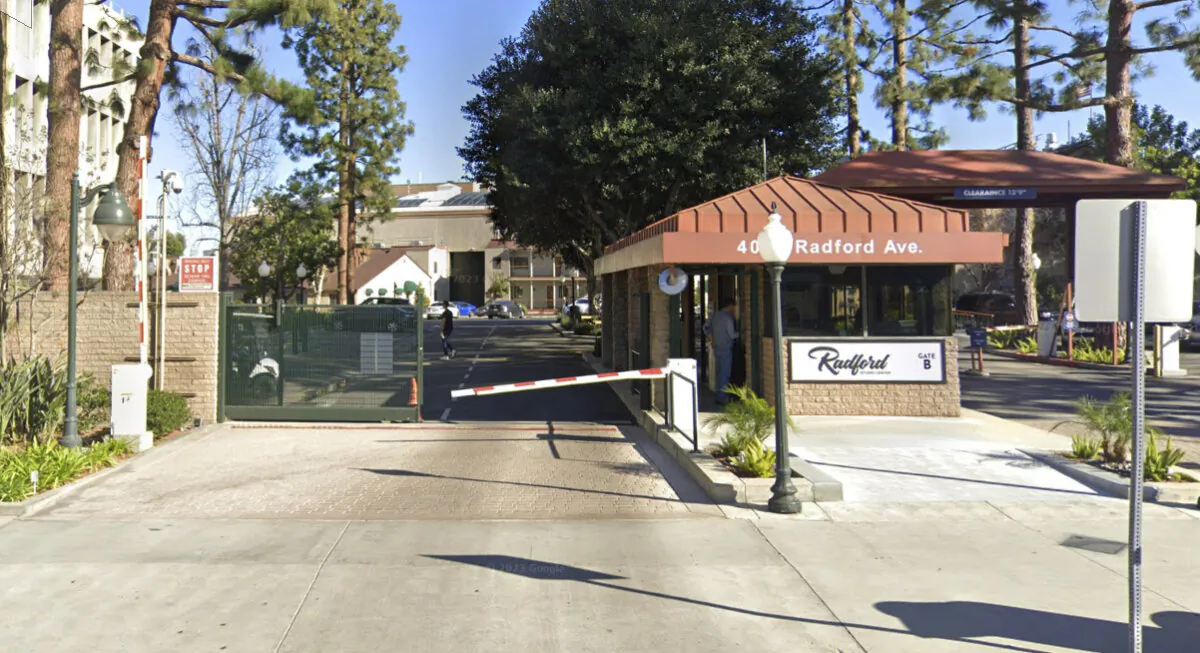 Entrance to CBS Radford Studios in Studio City, Calif., in February 2023. (Google Maps/Screenshot via The Epoch Times)
