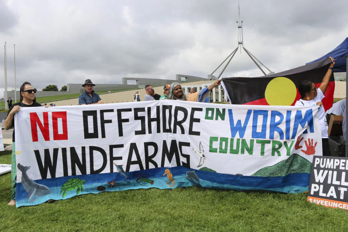 Protestors at a rally against renewables in Canberra, Australia, on Feb. 6, 2024. (The Epoch Times)