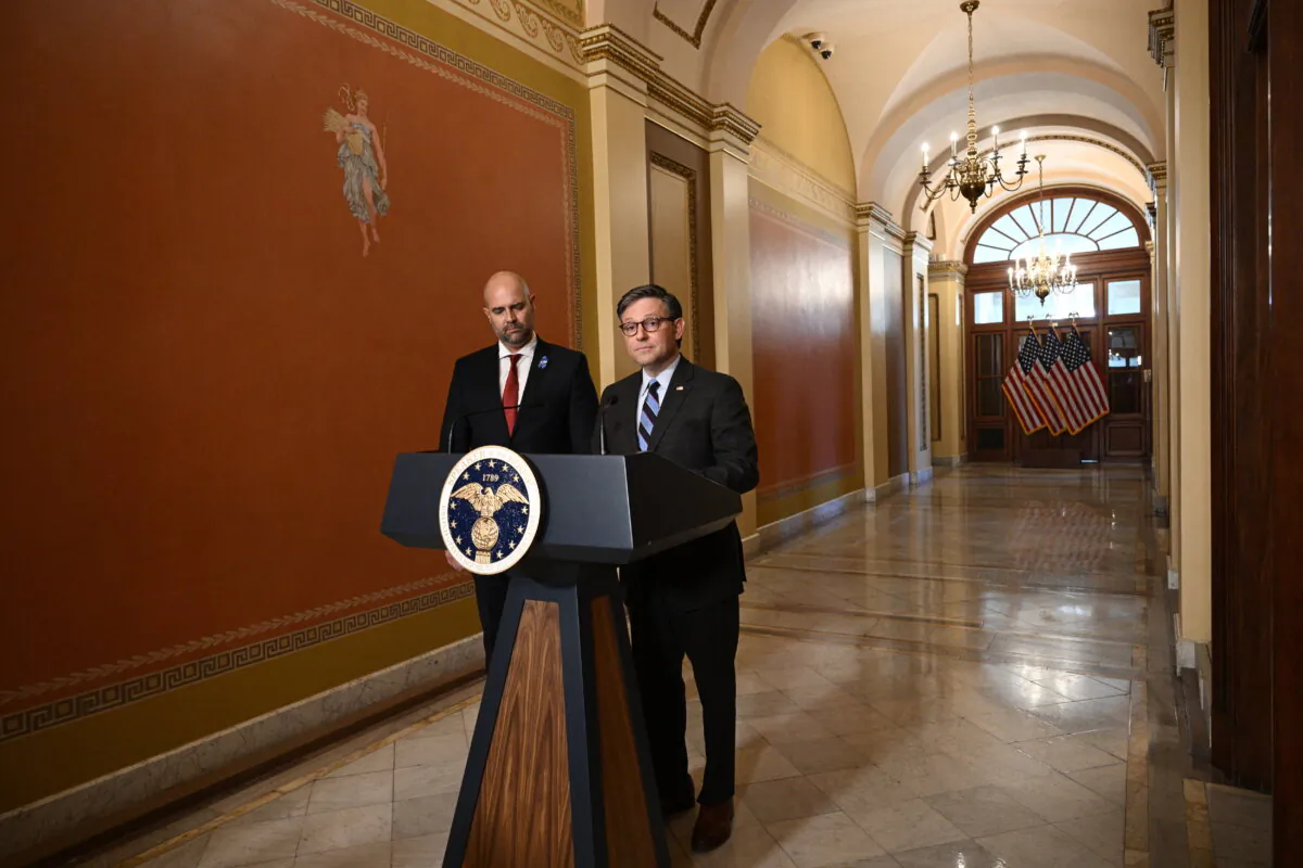 House Speaker Mike Johnson (R-La.), with Israeli Knesset Speaker Amir Ohana (L), speaks to the press at the U.S. Capitol in Washington on Feb. 6, 2024. (Brendan Smialowski/AFP via Getty Images)