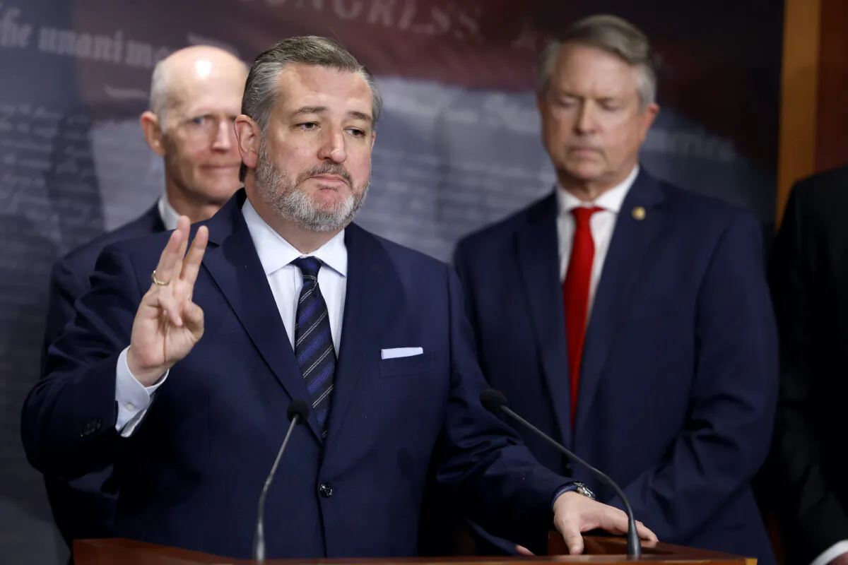 Sen. Ted Cruz (R-Texas) speaks during a news conference on the U.S. Southern Border at the U.S. Capitol, on Feb. 6, 2024. (Anna Moneymaker/Getty Images)