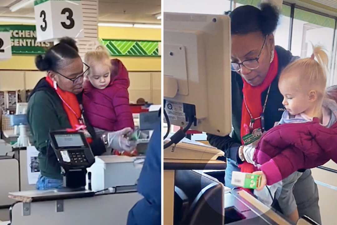 video-supermarket-worker-helps-mom-by-picking-up-crying-toddler-and