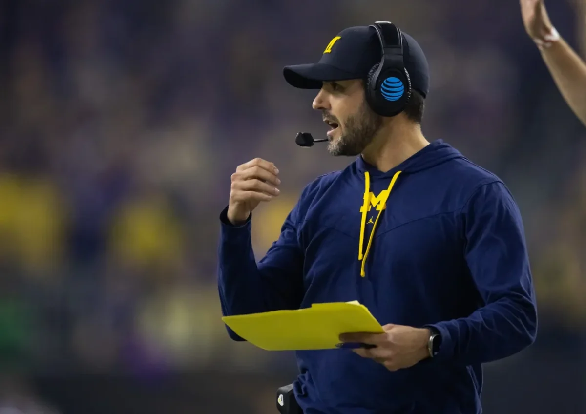 Michigan Wolverines defensive coordinator Jesse Minter against the Washington Huskies during the 2024 College Football Playoff national championship game at NRG Stadium in Houston on Jan. 8, 2024. (Mark J. Rebilas/USA TODAY Sports via Field Level Media)