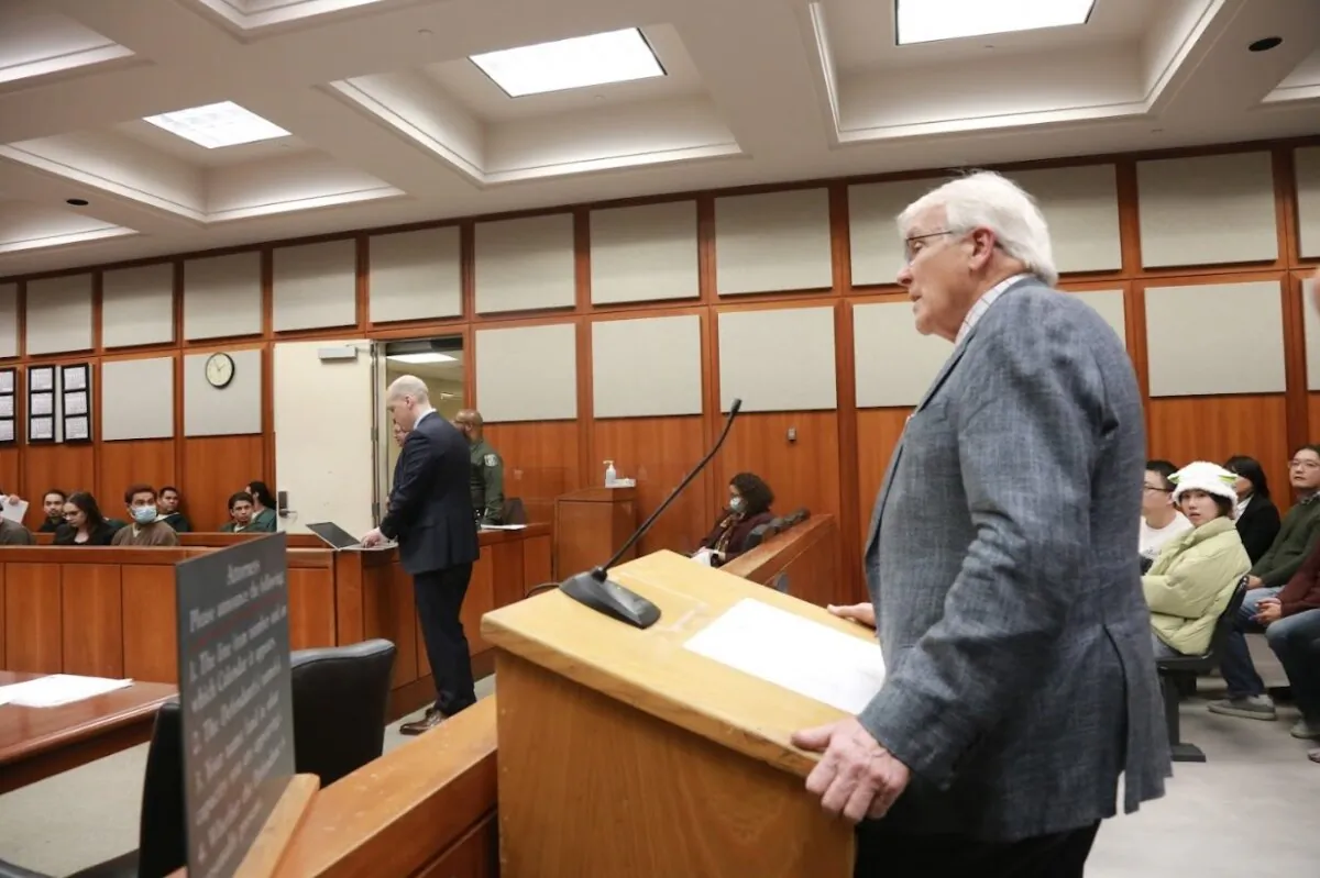 Liren Chen’s attorney, Wesley J. Schroeder, speaks at court on Jan. 26, 2024. (Kerry Xue/The Epoch Times)