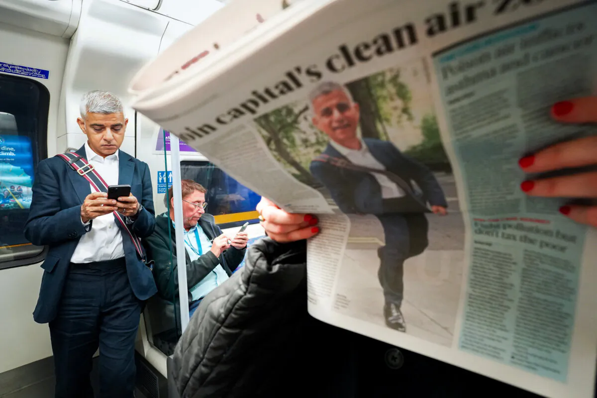 Mayor of London Sadiq Khan travels to City Hall by tube on the London Underground after a visit to Catford, southeast London, on the first day of the expansion of the Ultra Low Emission Zone (ULEZ) to include the whole of London, on Aug. 29, 2023. (Stefan Rousseau/PA Wire)