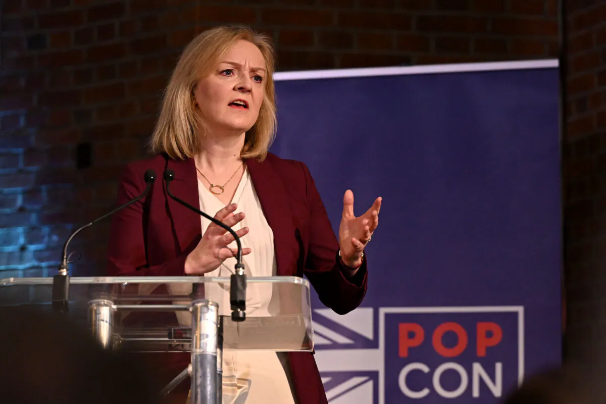Former British Prime Minister Liz Truss speaks at the launch of the Popular Conservatives movement in London on Feb. 6, 2024. (Leon Neal/Getty Images)