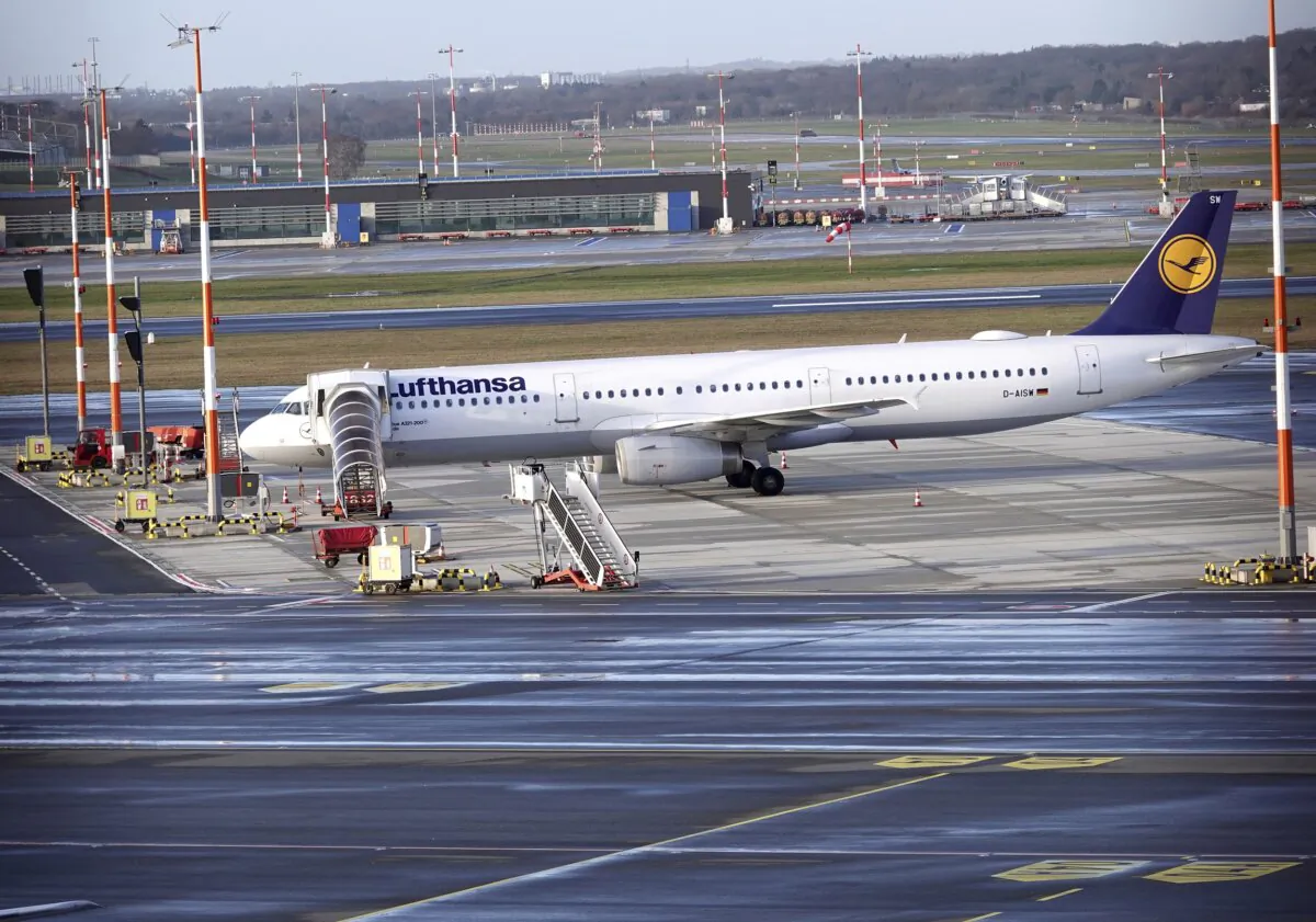 A Lufthansa aircraft stands on the apron at Hamburg Airport on Feb. 7, 2024. (Rabea Gruber/dpa via AP)