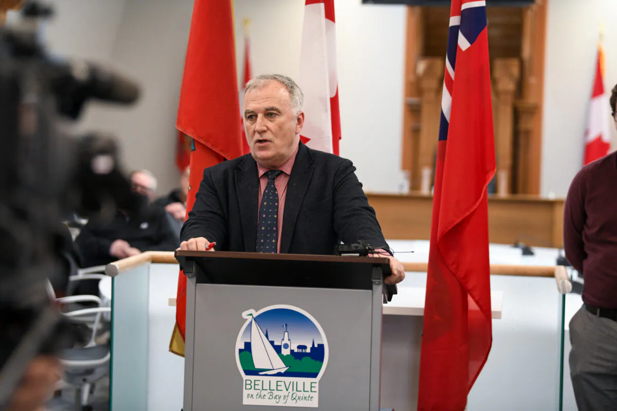 Belleville Mayor Neil Ellis speaks at a press conference in Belleville, Ont., on Feb. 7 to address the rise in overdoses in the city's downtown. (Handout photo)