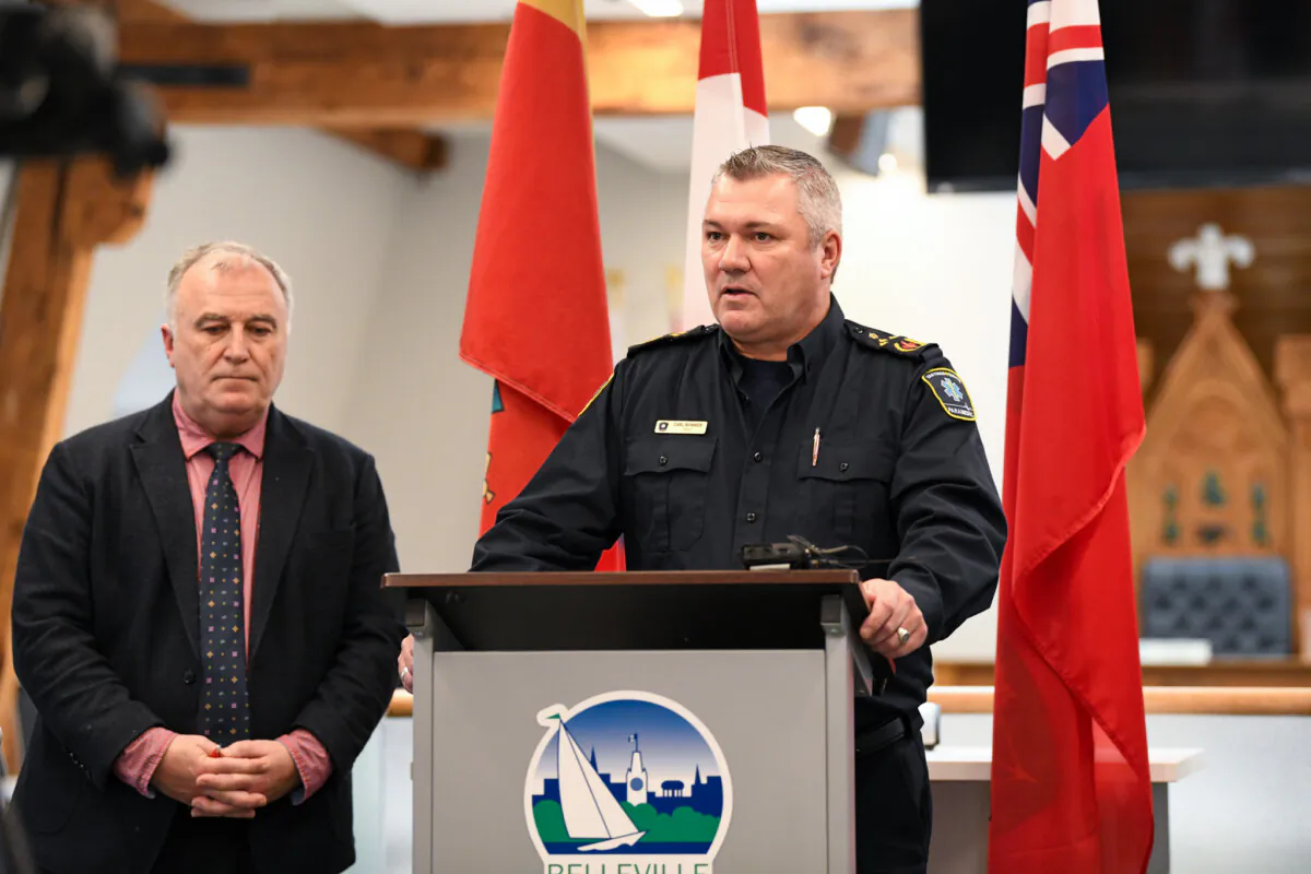 Hastings County Paramedic Chief Carl Bowker speaks at a press conference in Belleville, Ont. Feb. 7 as Mayor Neli Ellis, left, looks on. The conference was held to address the rise in overdoses in the city's downtown. (City of Belleville photo)