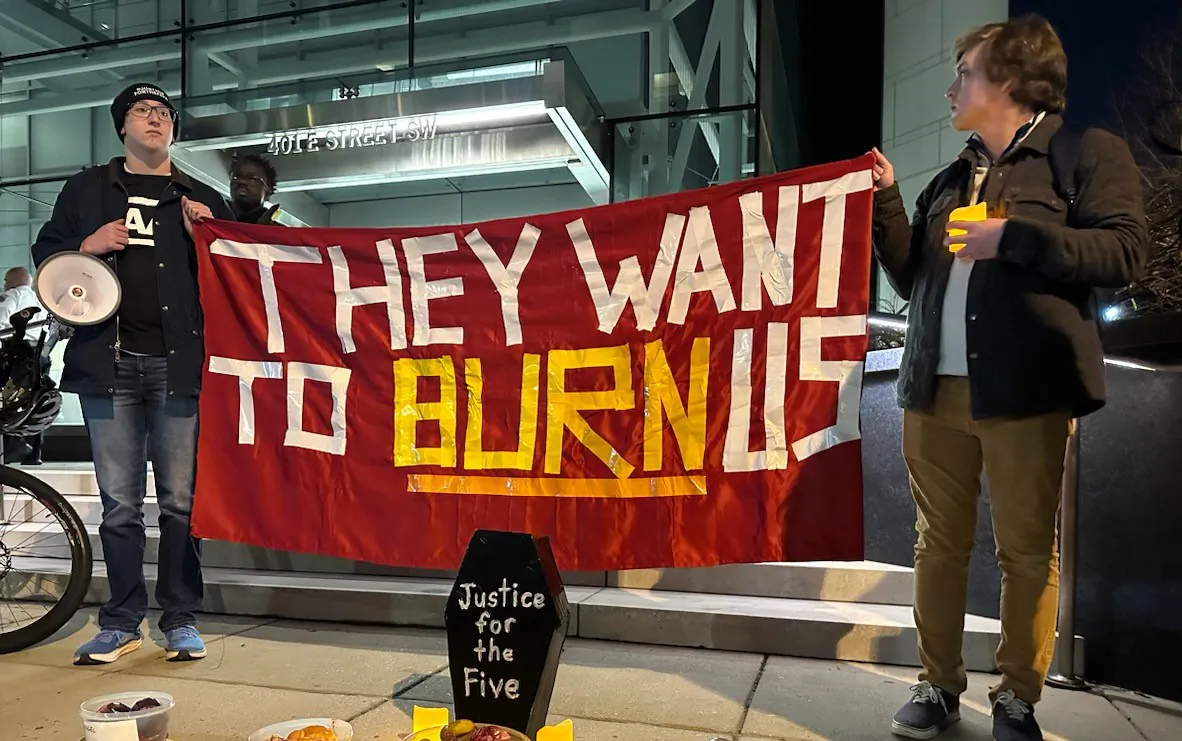 Progressive Anti-Abortion Uprising (PAAU) activists stand in front of the Washinton Medical Examiner’s office to urge it not to discard remains of five babies, on Feb. 2, 2024. (Courtesy Caroline T. Smith)