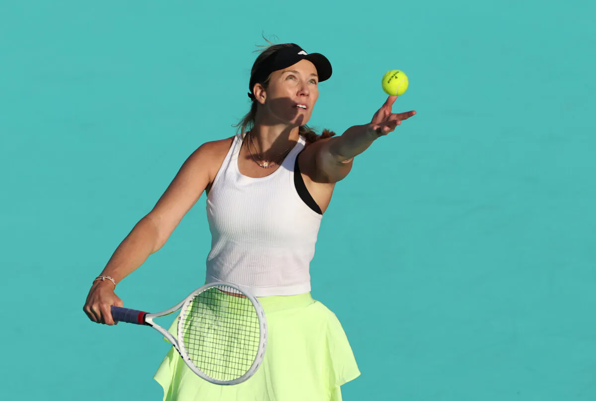 Danielle Collins of the United States serves against Naomi Osaka of Japan during day 2 of the Mubadala Abu Dhabi Open, part of the Hologic WTA Tour, at Zayed Sports City in Abu Dhabi, United Arab Emirates, on Feb. 6, 2024. (Francois Nel/Getty Images)