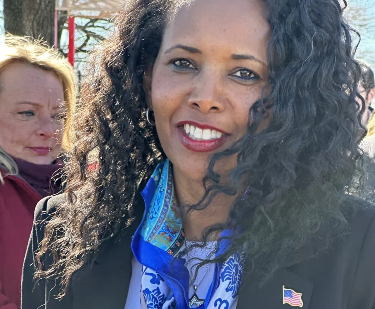 Mazi Pilip arrives at a press conference in Queens Village, New York, on Feb. 7, 2024. (Courtesy of Juliette Fairley)