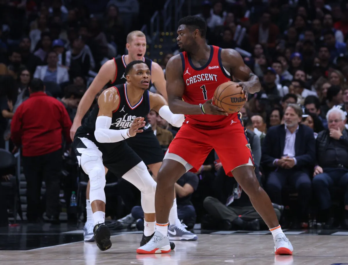 Zion Williamson (1) of the New Orleans Pelicans posts up Russell Westbrook (0) of the Los Angeles Clippers in Los Angeles on Feb. 7, 2024. (Harry How/Getty Images)