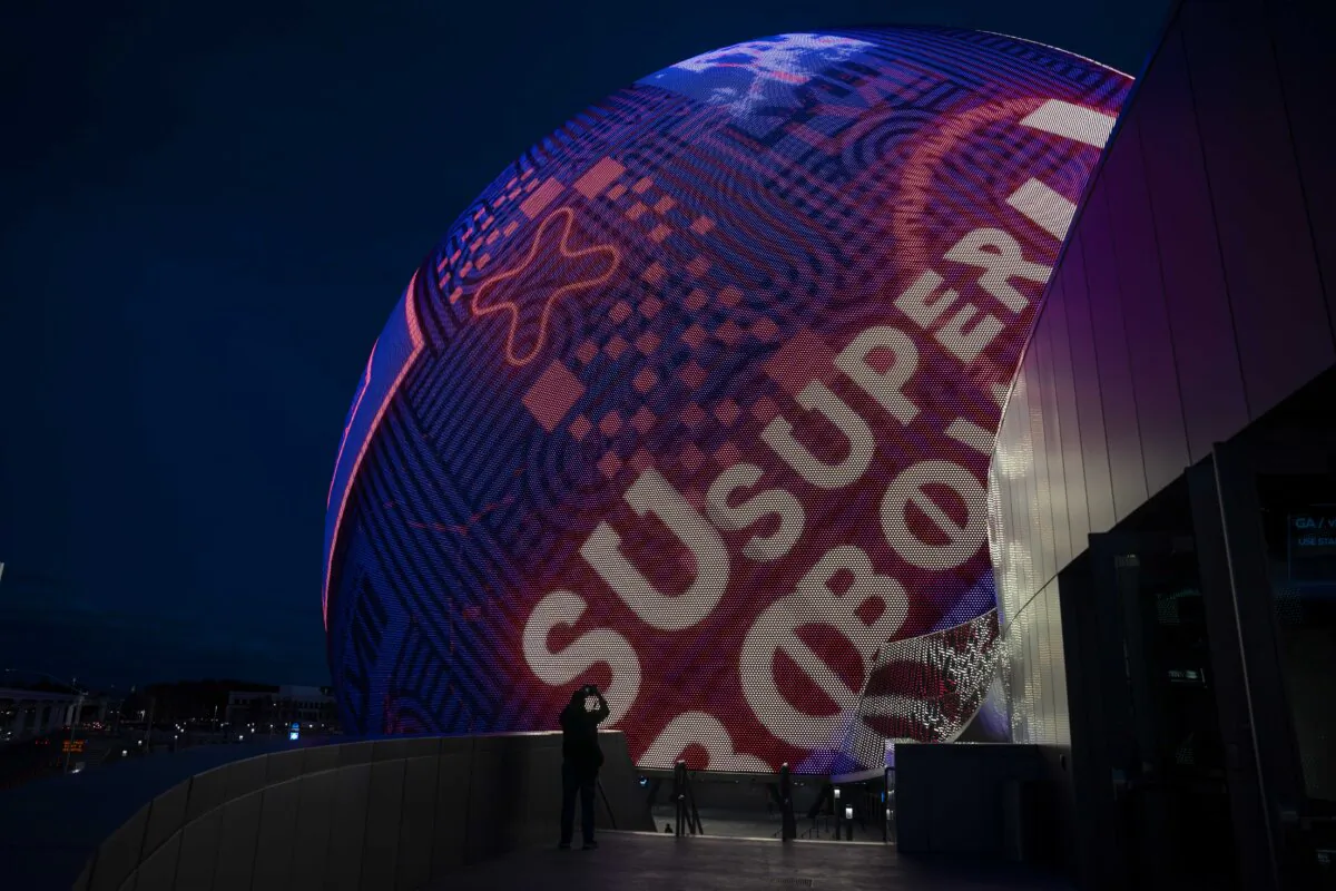 Super Bowl advertisement on the Sphere in Las Vegas, Nev., on Feb. 7, 2024. (Madalina Vasiliu/The Epoch Times)