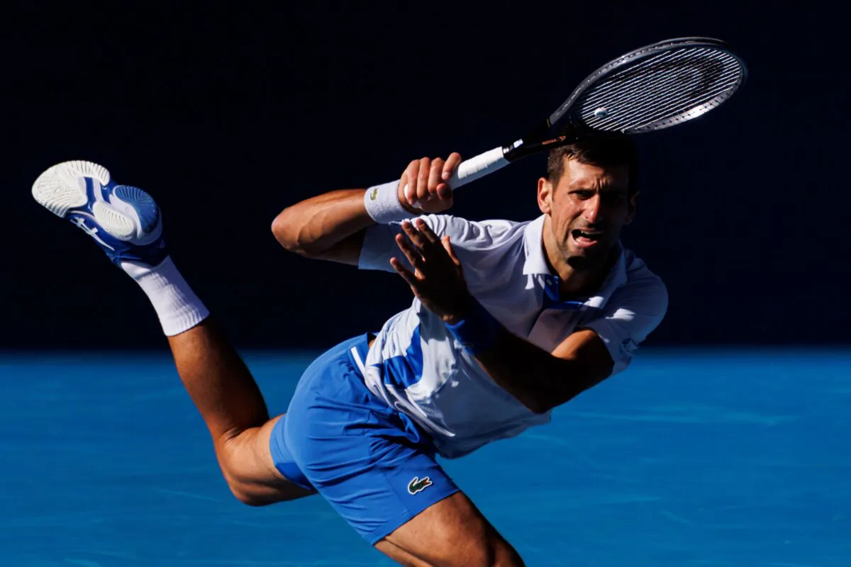 Novak Djokovic of Serbia in action against Jannik Skinner of Italy in the semi-finals of the men’s singles at the Australian Open in Melbourne, Victoria, Australia, on Jan. 26, 2024. (Mike Frey/USA TODAY Sports via Reuters)