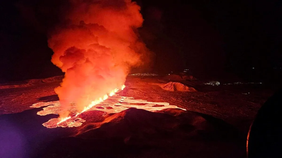 A volcano spews lava and smoke as it erupts on Reykjanes Peninsula, Iceland, on Feb. 8, 2024. (Iceland Civil Protection/Handout via Reuters)