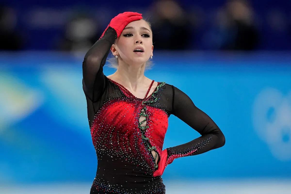 Kamila Valieva, of the Russian Olympic Committee, reacts in the women's team free skate program during the figure skating competition at the 2022 Winter Olympics in Beijing on Feb. 7, 2022. (David J. Phillip/AP Photo)