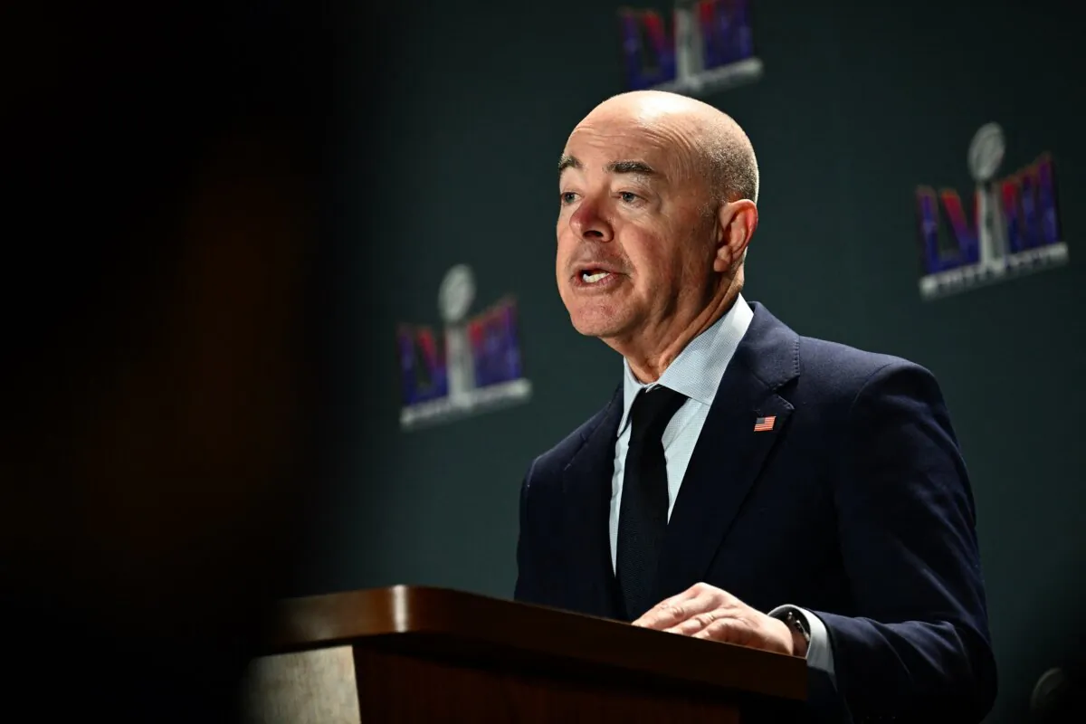 Homeland Security Secretary Alejandro Mayorkas speaks about security during a news conference ahead of Super Bowl LVIII at Allegiant Stadium in Las Vegas on Feb. 7, 2024. (Patrick T. Fallon/AFP via Getty Images)