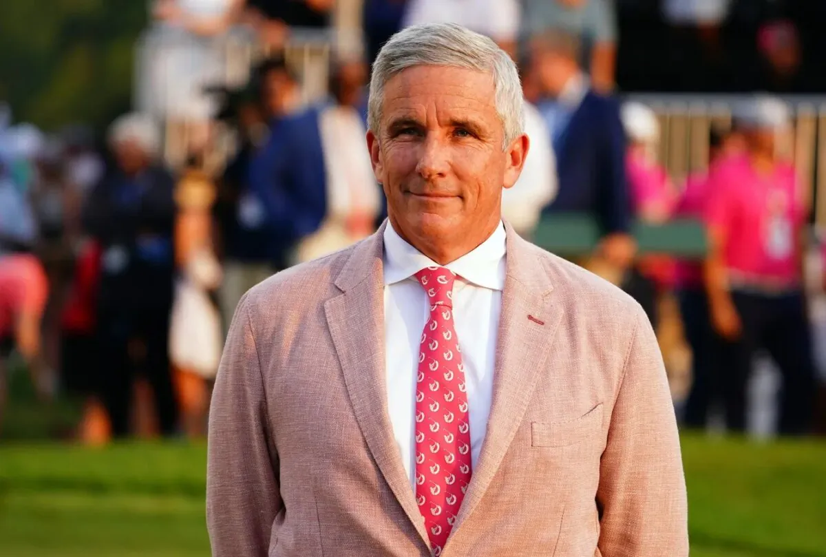 PGA TOUR commissioner Jay Monahan waits on the 18th green during the final round of the TOUR Championship golf tournament at East Lake Golf Club in Atlanta on Aug. 27, 2023. (John David Mercer/USA TODAY Sports via Field Level Media)