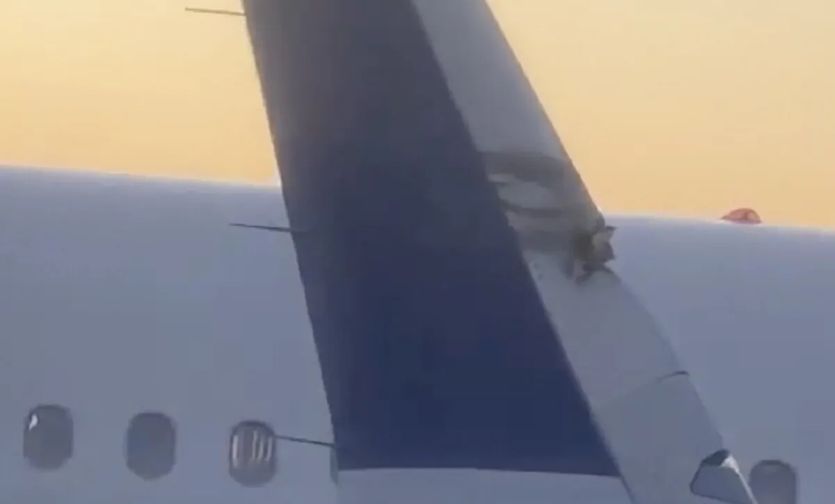 A damaged plane's wingtip after two JetBlue planes made contact in a minor collision at Boston Logan International Airport in Boston on Feb. 8, 2024. (Brian O'Neil via AP)