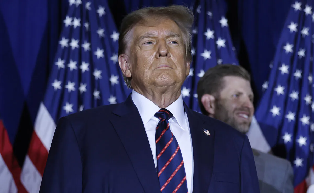 Republican presidential candidate and former President Donald Trump stands on stage during his primary night rally in Nashua, New Hampshire, on January 23, 2024. (Chip Somodevilla/Getty Images)