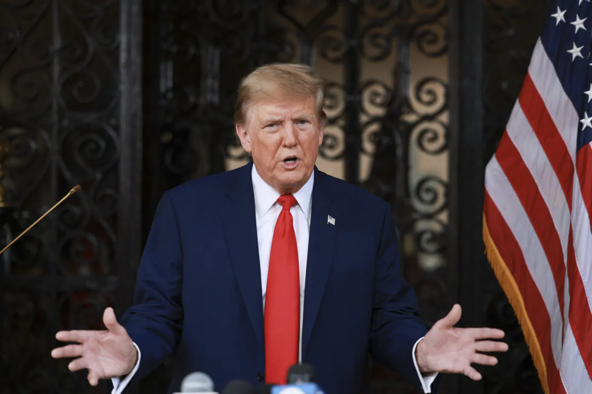 Former U.S. President Donald Trump speaks during a press conference held at Mar-a-Lago on February 08, 2024 in Palm Beach, Florida. Mr. Trump spoke as the United States Supreme Court hears oral arguments over Trump’s ballot eligibility under the 14th Amendment. (Photo by Joe Raedle/Getty Images)