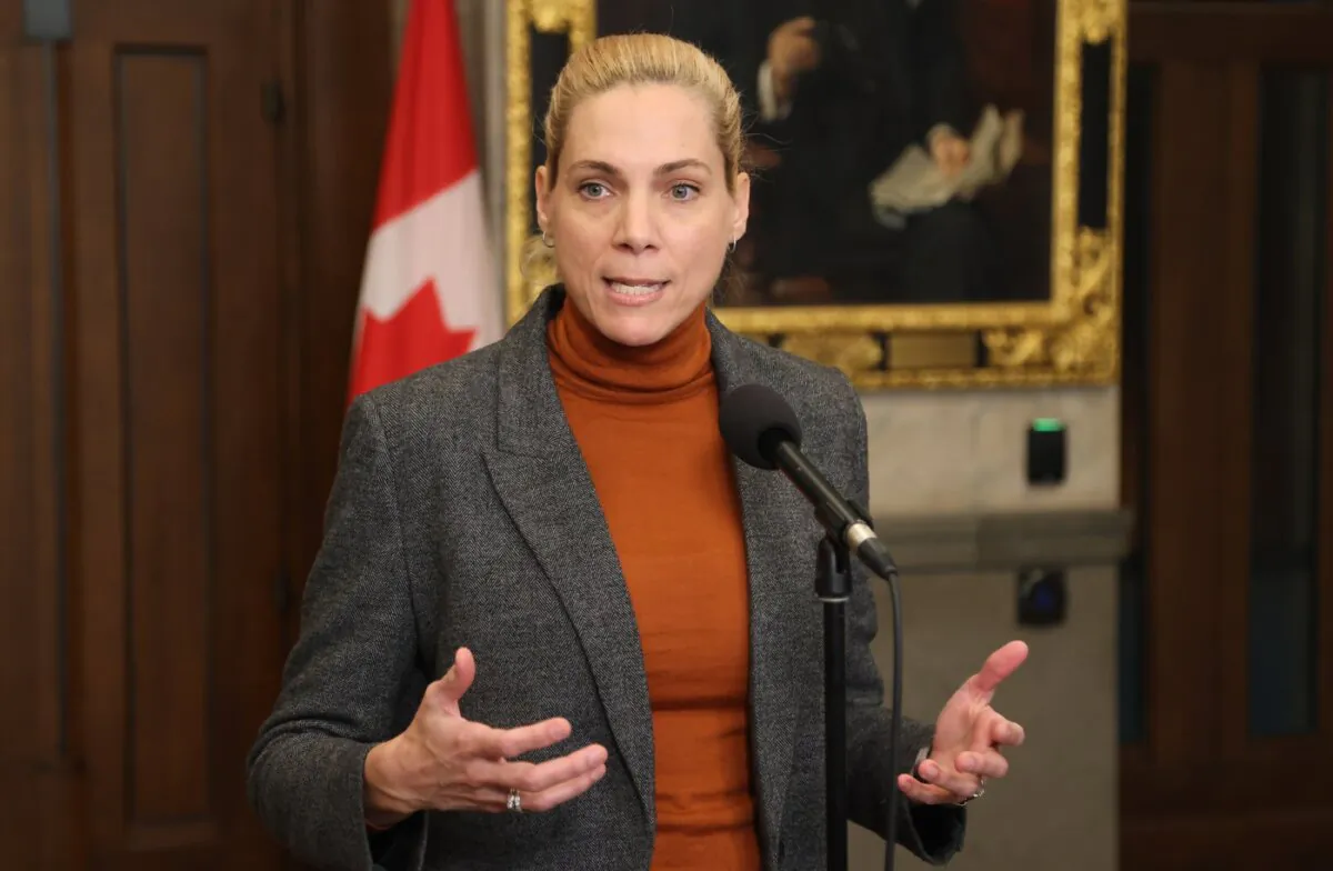 Canadian Heritage Minister Pascale St-Onge speaks to reporters on Parliament Hill after Bell Media announces job cuts, in Ottawa on Feb. 8, 2024. (The Canadian Press/Patrick Doyle)