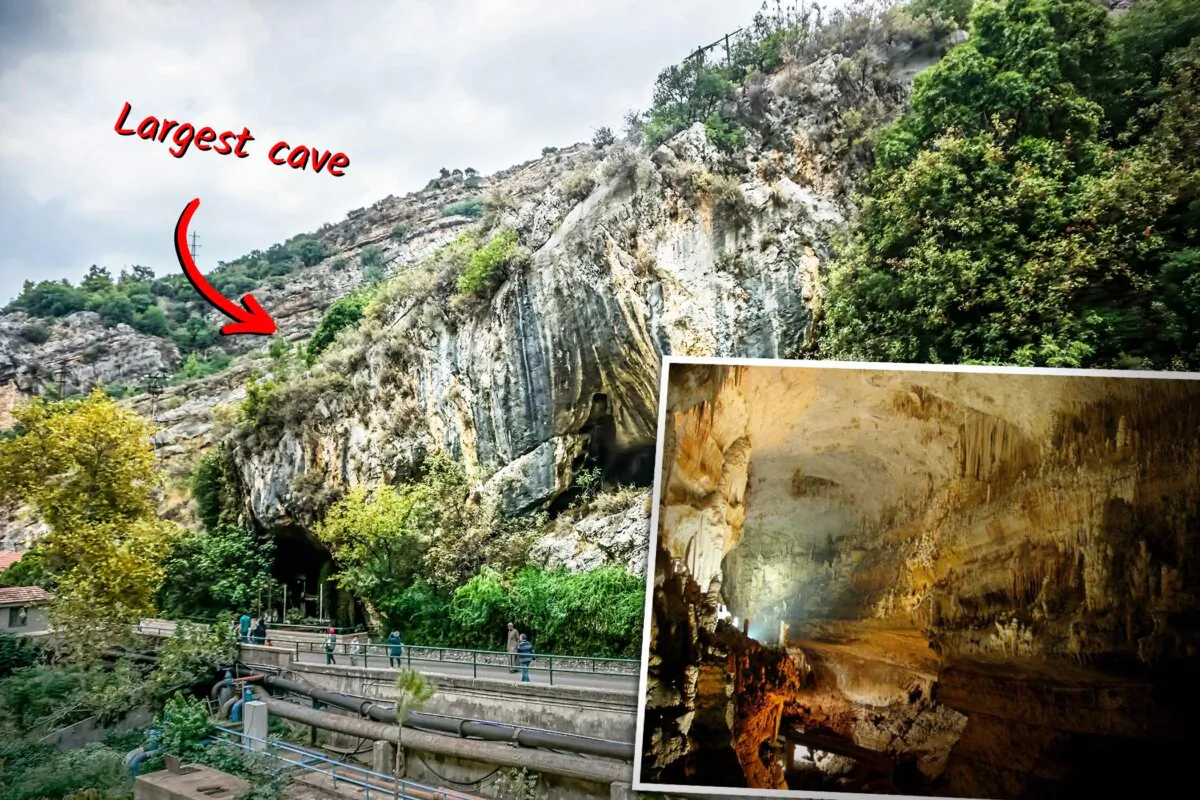 Entrance to Jeita Grotto, in Lebanon (AlexelA/Shutterstock); (Inset) The upper galleries of Jeita Grotto. (kcakduman/CC BY 2.0)