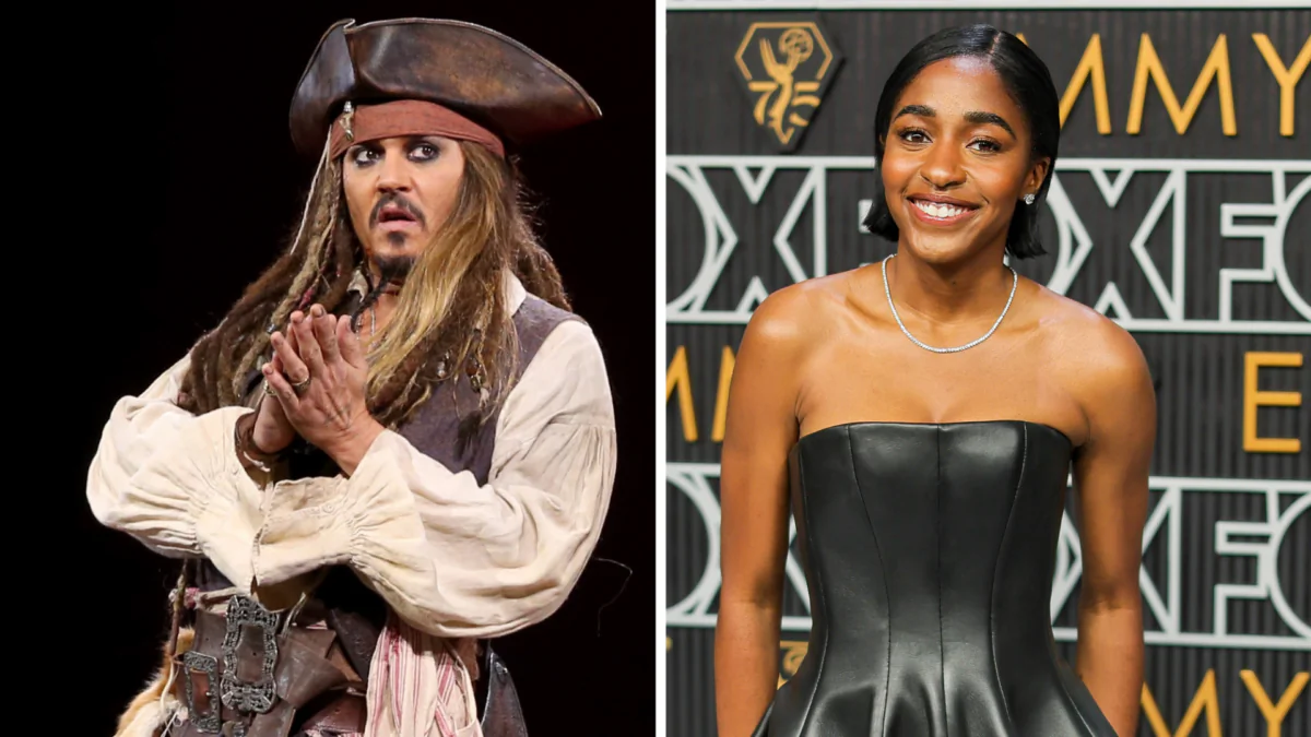 (Left) Actor Johnny Depp in Anaheim, Calif, on Aug. 15, 2015. (Right) Actress Ayo Edebiri in Los Angeles on Jan. 15, 2024. (Jesse Grant/Getty Images for Disney; Frederic J. Brown/AFP via Getty Images)