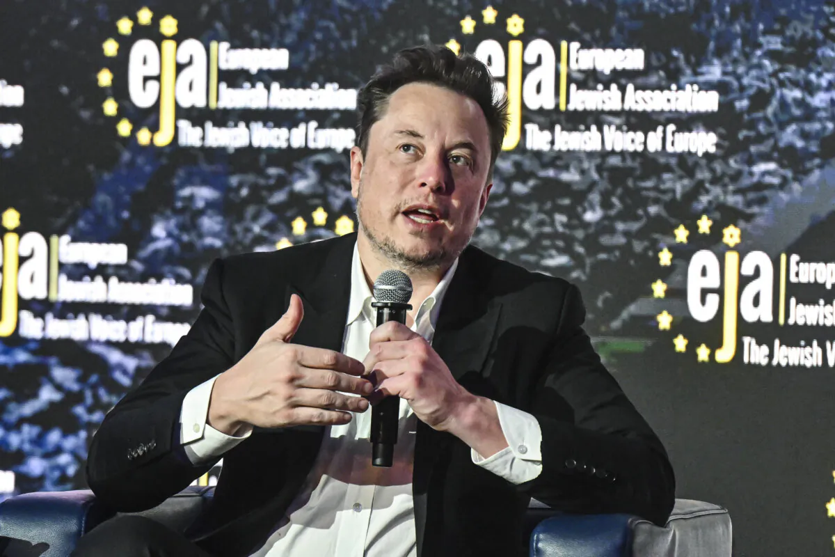 SpaceX, X (formerly known as Twitter), and Tesla CEO Elon Musk speaks during live interview with Ben Shapiro at the symposium on fighting antisemitism in Krakow, Poland on Jan. 22, 2024. (Omar Marques/Getty Images)