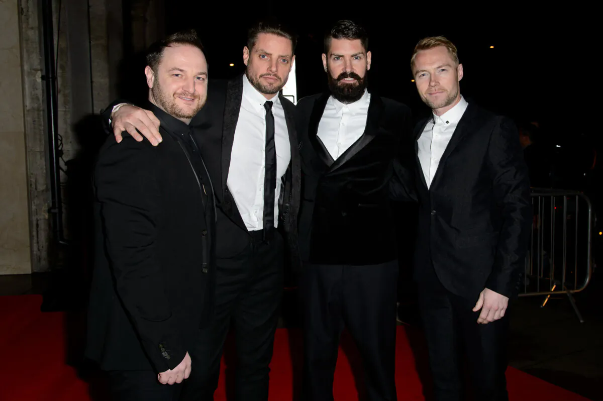 (L-R) Michael Graham, Keith Duffy, Shane Lynch and Ronan Keating of Boyzone attend the BT Sport Relief Ball at The Grosvenor House Hotel in London, England, on March 26, 2014. (Photo by Ben A. Pruchnie/Getty Images)