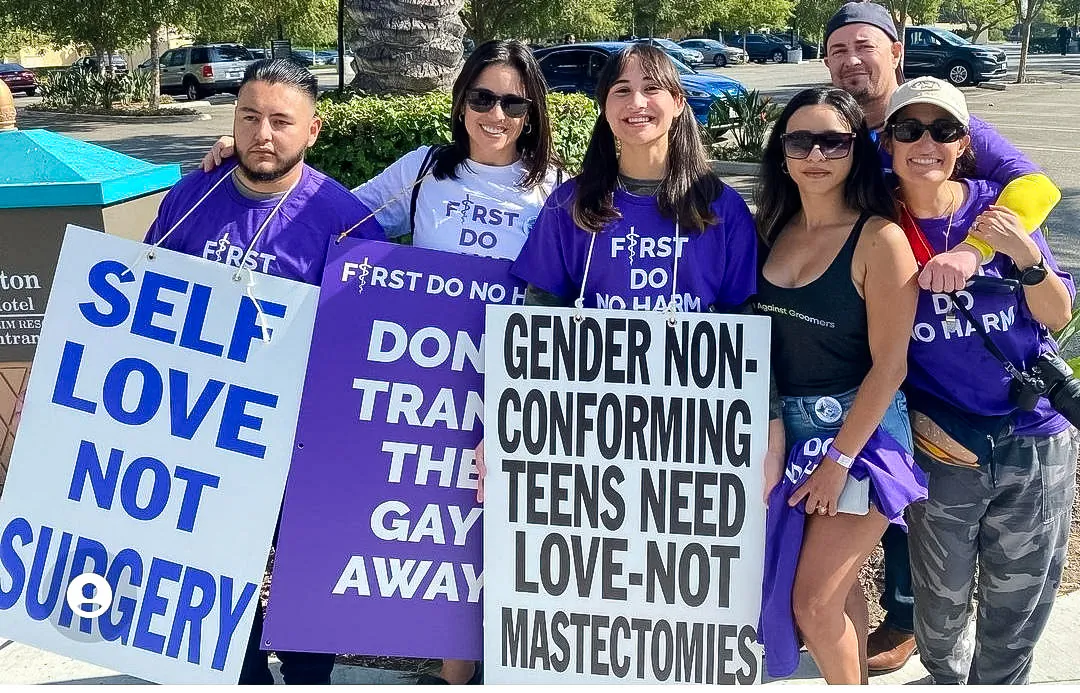 Protesters opposing medical transgender procedures for youths on Oct. 7, 2022. (Courtesy of TreVoices.Org/Scott Newgent)