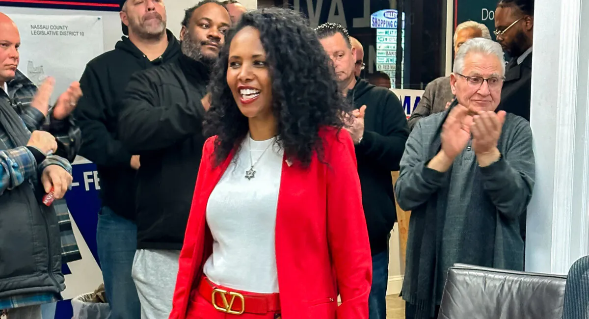 Mazi Pilip at the GOP watch party, after she debated her Democrat opponent Tom Souzzi, in Franklin Square, Long Island, on Feb. 8, 2024. (Courtesy of Juliette Fairley)