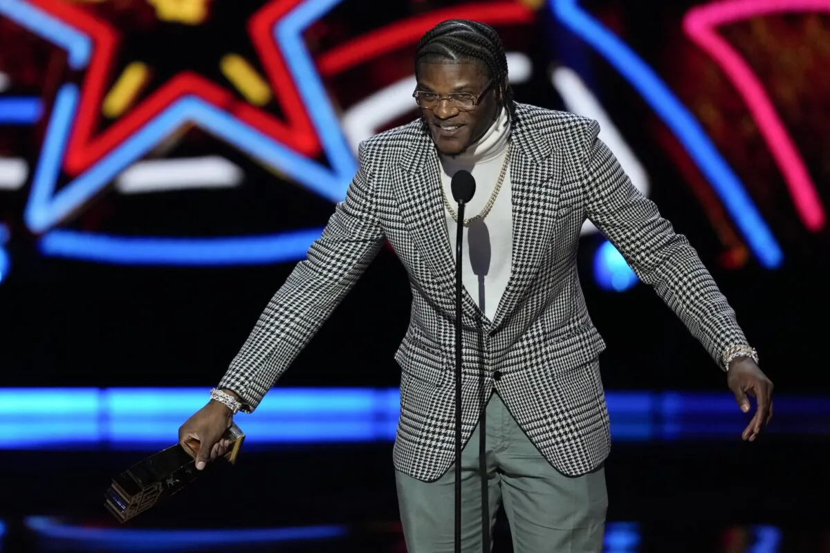 Baltimore Ravens' Lamar Jackson, AP Most valuable player speaks during the NFL Honors award show ahead of Super Bowl 58 in Las Vegas on Feb. 8, 2024. (AP Photo/David J. Phillip)