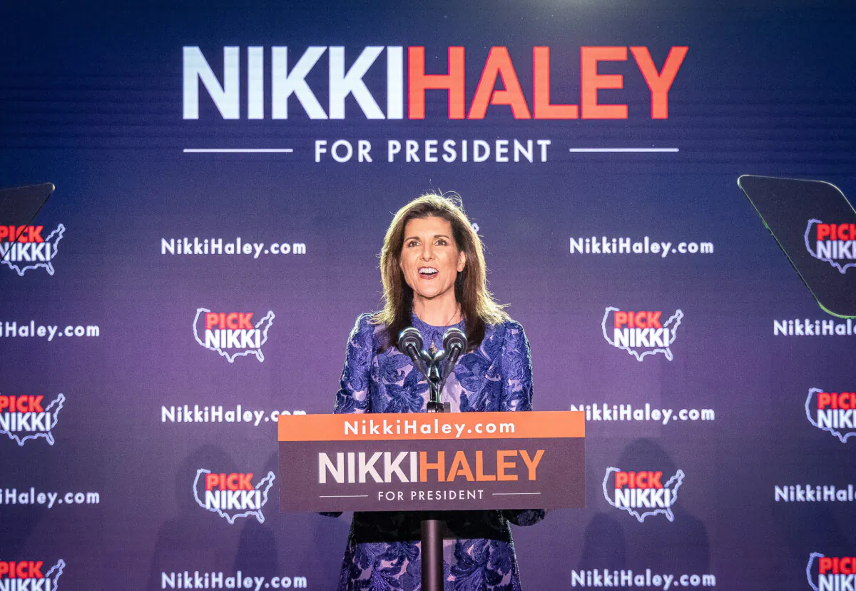 Presidential candidate Nikki Haley speaks to supporters in Concord, New Hampsire, on Jan. 23, 2024. (John Fredricks/The Epoch Times)