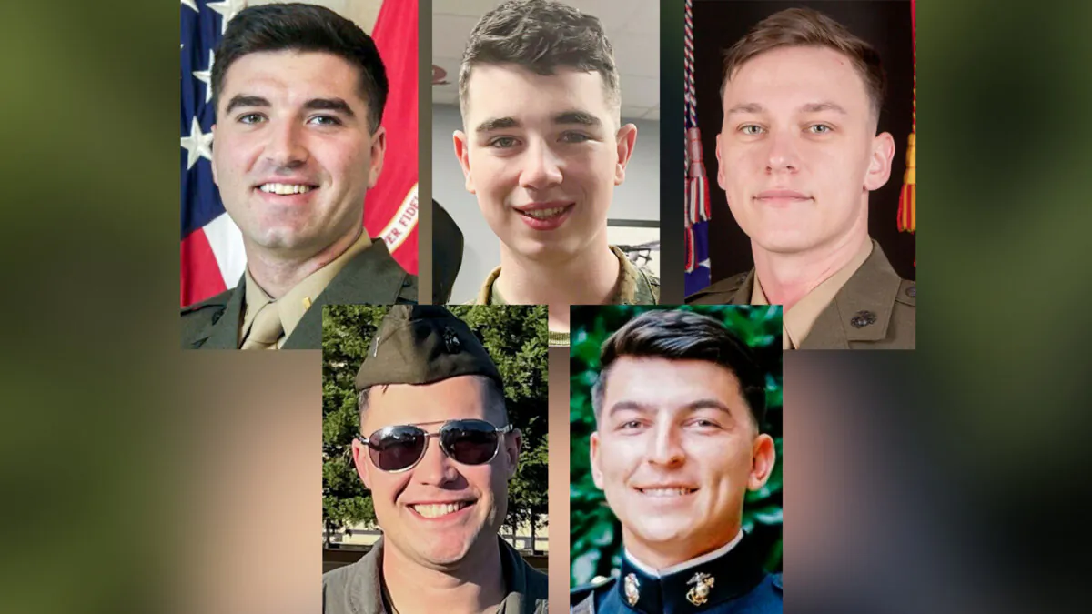(Top L–R) Capt. Jack Casey, Lance Cpl. Donovan Davis, and Sgt. Alec Langen. (Bottom L–R) Capt. Benjamin Moulton and Capt. Miguel Nava. (Marine Corps via AP)