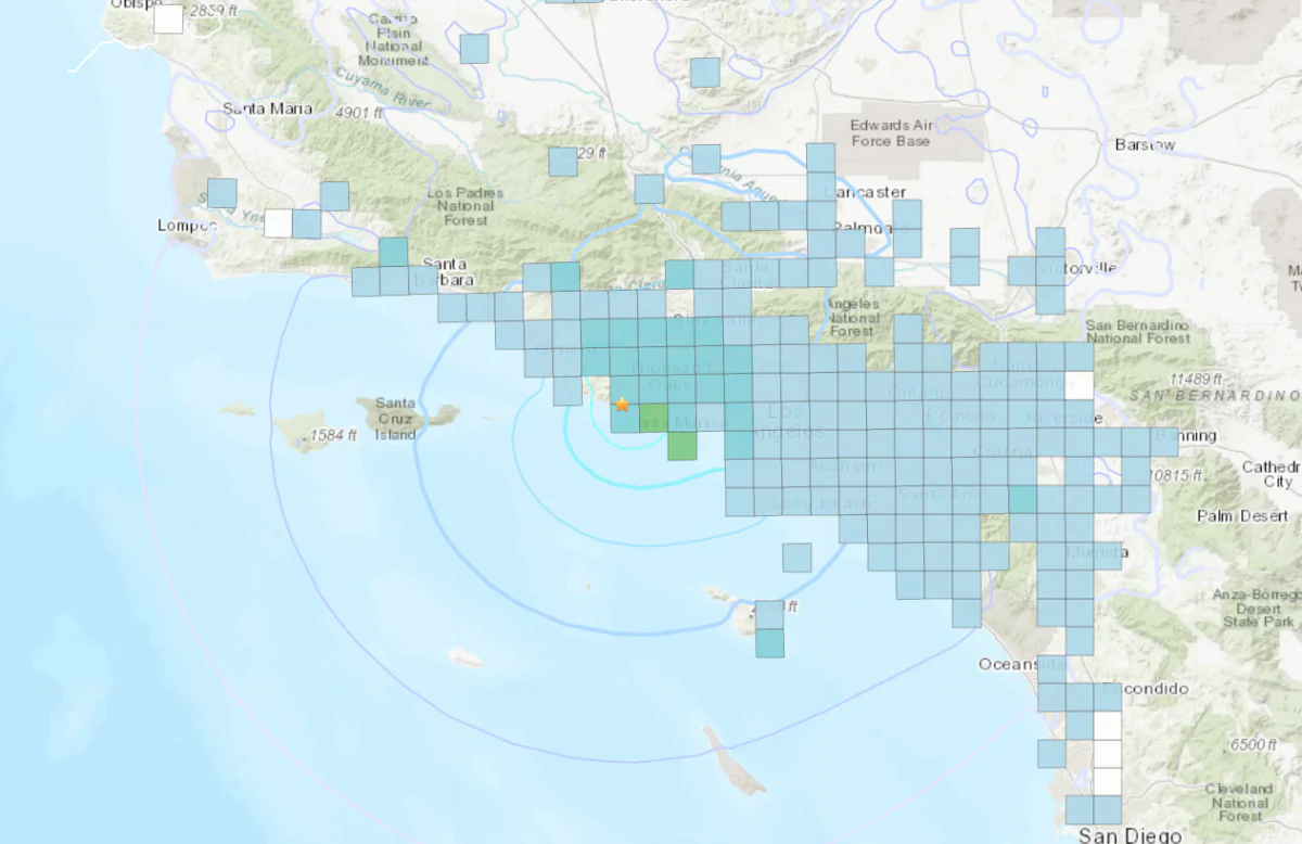 A 4.6 magnitude earthquake centered northwest of the upscale coastal community of Malibu is felt across Los Angeles County on the afternoon of Feb. 9, 2024. (Courtesy of United States Geological Survey)